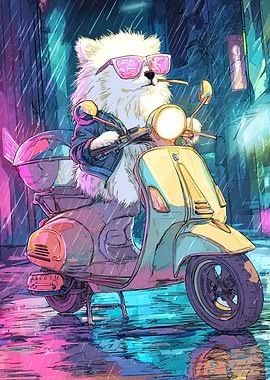 Dog on Scooter in Rainy City