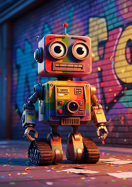 Rainbow Robot with Graffiti Background