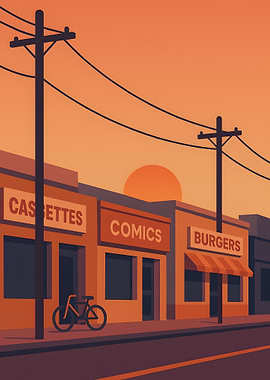 Sunset Street with Shops and Bike