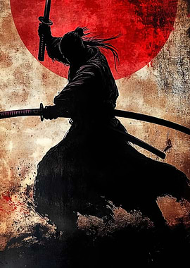 Silhouette Samurai with Red Sun