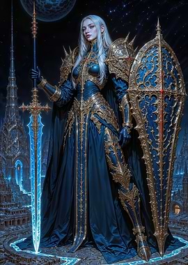 Ethereal Blade Guardian: Serene Warrior in Ornate Armor Amidst a Celestial City