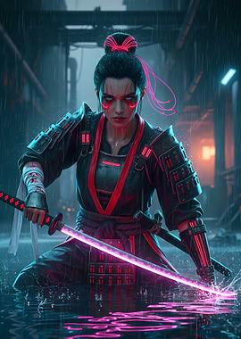 Cyberpunk Samurai Girl in the Rain