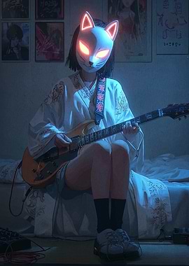 Neon Masked Guitarist in Blue Room