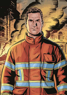 Firefighter in front of burning building