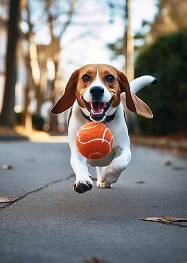 Happy Beagle Running with Ball