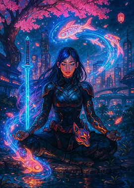 Cyberpunk Neon Ninja Meditation with Koi