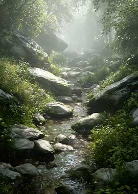 Misty Forest Stream Nature