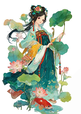 Chinese Girl with Lotus and Koi