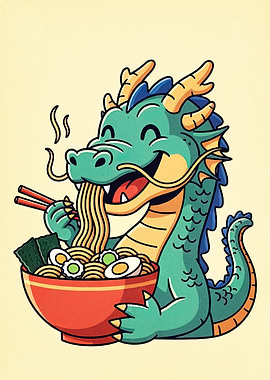 Cartoon Dragon Eating Ramen