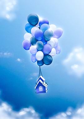 Blue House Floating with Balloons