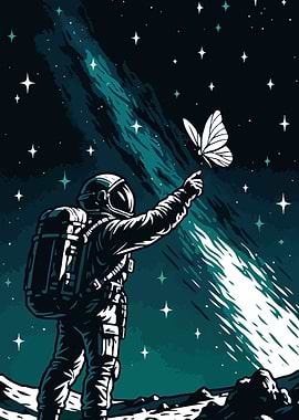 Astronaut and Butterfly in Moon