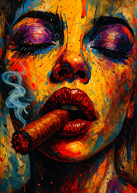 Colorful Woman Smoking Cigar Painting