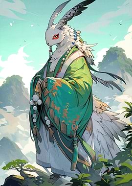 Anthropomorphic Rabbit Monk in Mountain Landscape