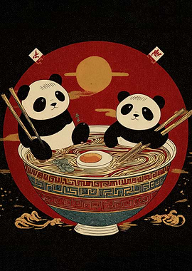 Pandas in Ramen Bowl Illustration