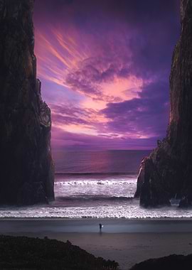 coastal cliffs at sunset with figure