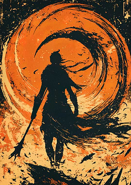 Silhouette Warrior with Spear and Swirl