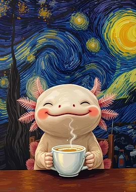 Axolotl enjoying coffee, Starry Night