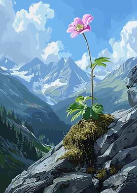 Pink Flower in Mountain Landscape