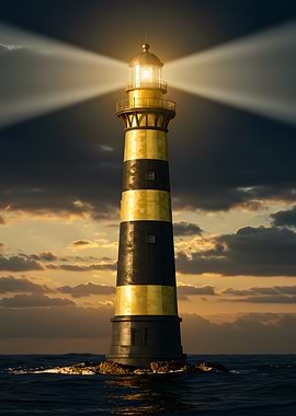 Lighthouse at Sea with Golden Light