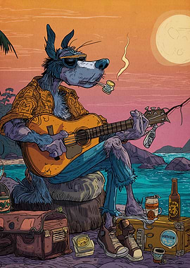 Anthropomorphic Wolf Playing Guitar on Beach