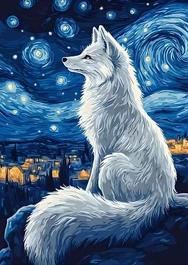 White Fox Under Starry Night Sky