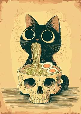 Cat Eating Ramen from Skull Bowl