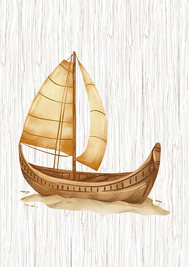Watercolor Sailboat on Wood Background