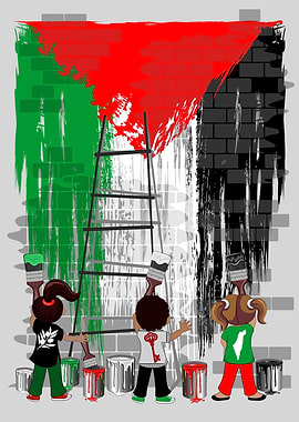 Children Painting Palestine Flag on Brick Wall
