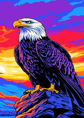 Eagle on Rock with Colorful Sky