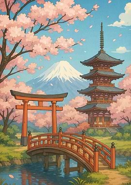 Japanese landscape cherry blossoms
