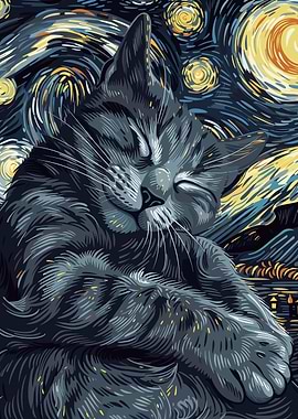 Cat in Starry Night Style