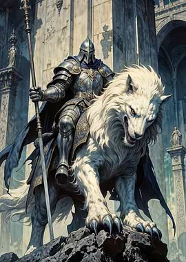 Armored Knight and Majestic White Direwolf: Guardian of Ancient Ruins