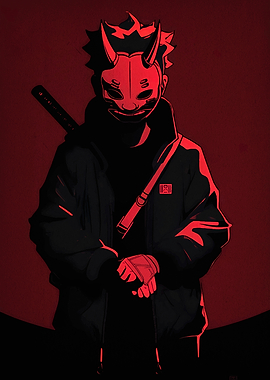Red Oni Masked Figure with Sword