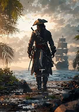 Pirate on the Beach with Ship