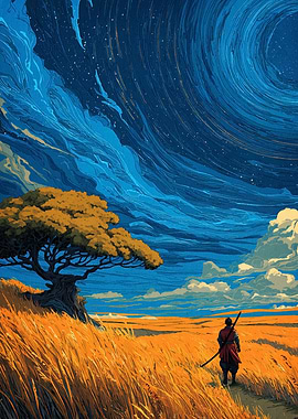 Samurai in Field Under Swirling Sky