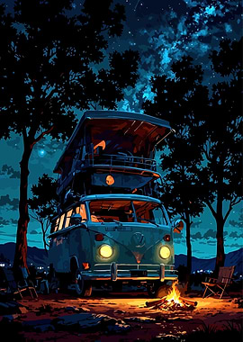 Vintage VW Campervan at Night Campfire