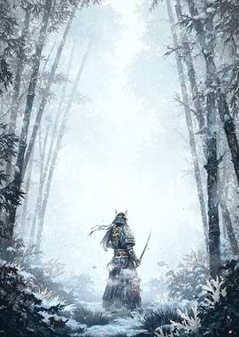 Samurai in Snowy Bamboo Forest