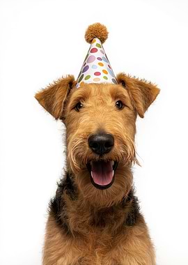 Airedale Terrier Dog with Party Hat Portrait