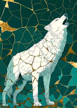 Howling White Wolf with Kintsugi Background