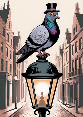 Pigeon with Top Hat on Lamp Post