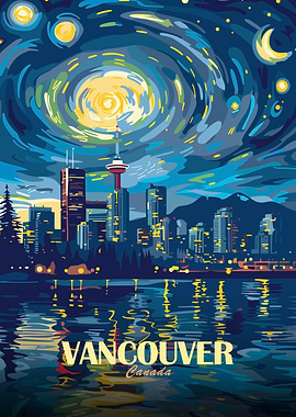 Vancouver Canada Night Skyline Art
