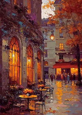 Parisian Cafe in Autumn Painting