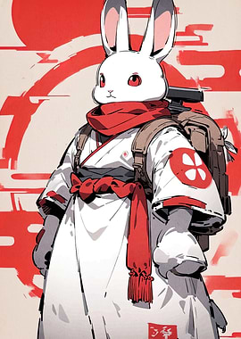 Anthropomorphic Rabbit Samurai with Backpack