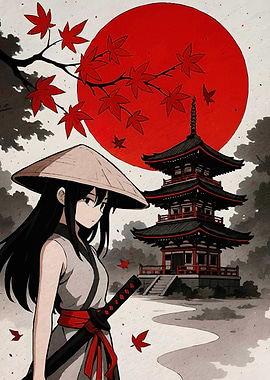 Anime Girl Katana Pagoda
