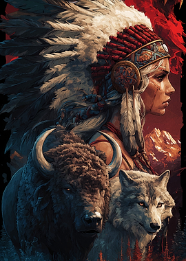 Native American Woman, Bison, and Wolf