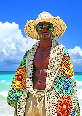 Man in Crochet Cardigan on Beach