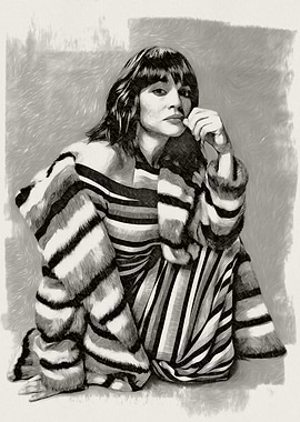 Woman in Striped Outfit, Pencil Sketch