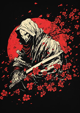 Hooded Samurai with Sword and Cherry Blossoms