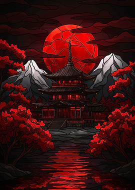Japanese Pagoda with Red Moon