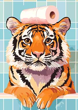 Tiger with Toilet Paper on Head